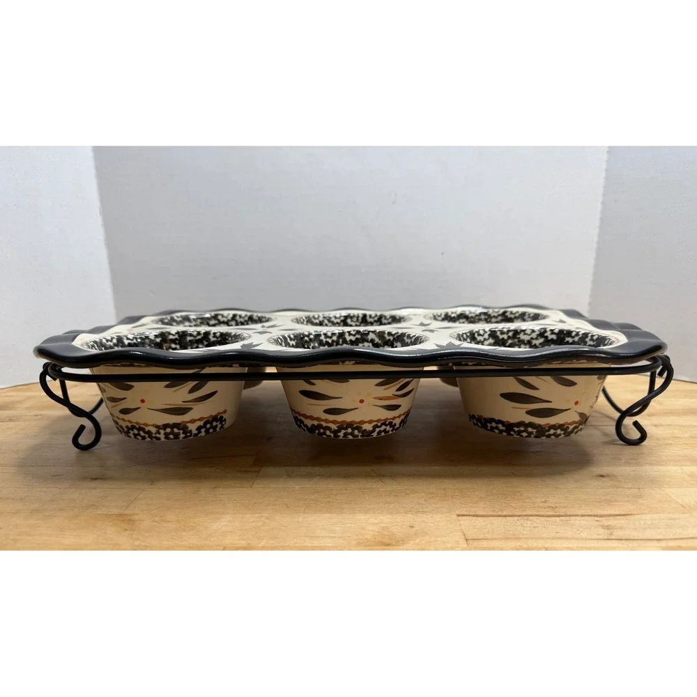 Temp-tations by Tara Old World Black Cream 6 Cup Ceramic Muffin Pan W/ Wire Rack
